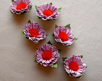 Orchid red coral daisies painterly hand crafted vintage style millinery flower embellishments