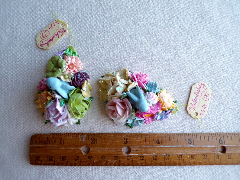 Petite pastel blue Bunny multicolor Handmade Roses velvet daisies blossoms Vintage style spring Millinery flower glittered corsage image 5