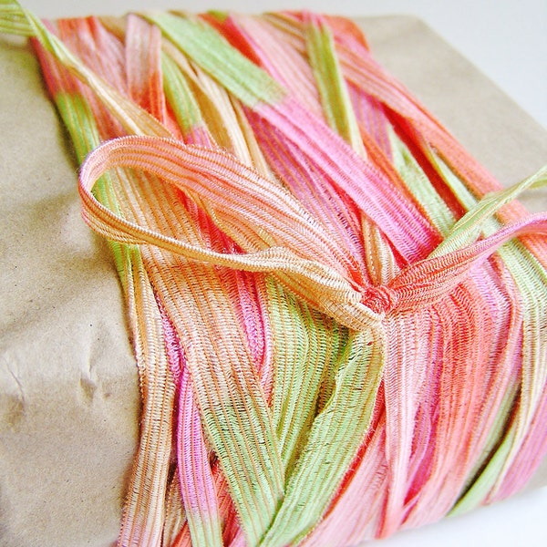 Painterly Pink Pistachio and Peach Pinstripe Ribbon striped tee trim lovely embellishment wedding wrap craft supply - 5 yards