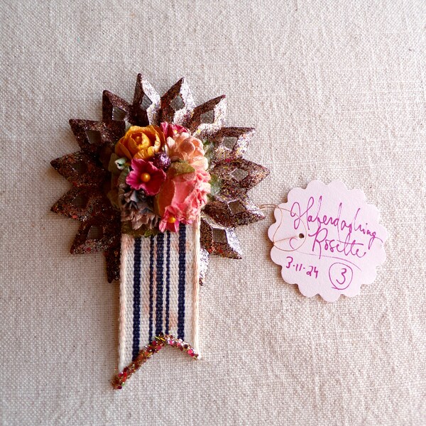 Pink yellow mint blue navy cream millinery flowers handmade striped rosette vintage style chocolate silver glittered metallic ornament