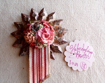 Pink blue red cream millinery flowers handmade striped rosette vintage style chocolate silver glittered metallic ornament