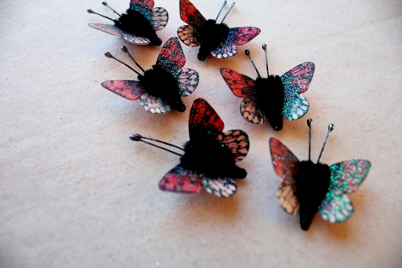 sparkly butterfly vintage style pipe cleaner ornaments Strawberry pink miniature Watercolor embellishments