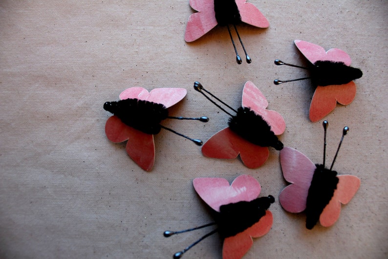 sparkly butterfly vintage style pipe cleaner ornaments Strawberry pink miniature Watercolor embellishments