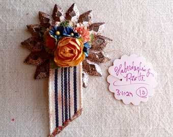 Green pink yellow blue navy cream millinery flowers handmade striped rosette vintage style chocolate silver glittered metallic ornament