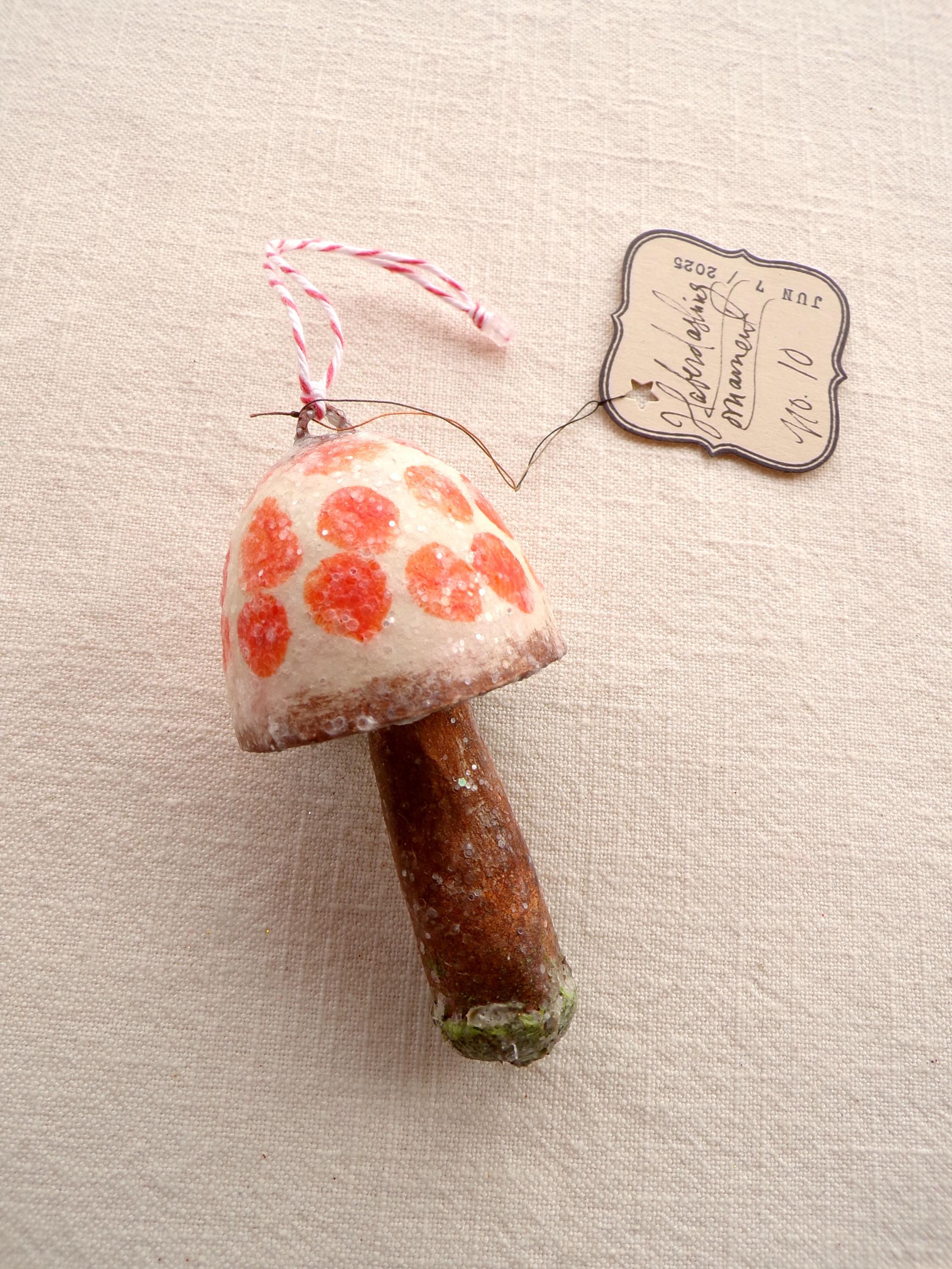 Cream tangerine spotted frosted vintage style glittered mossy mushroom ornament