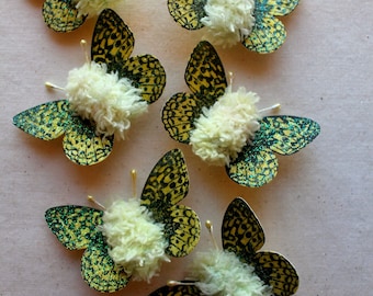 Lemon yellow embellishments - sparkly watercolor butterfly vintage style pipe cleaner ornaments