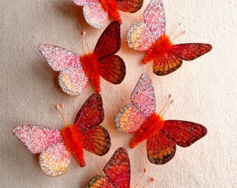 Red orange ombre Watercolor embellishments - sparkly butterflies vintage style pipe cleaner ornaments