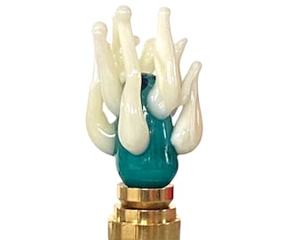 FINIALS- Handmade Venetian Glass Flower Lamp Finial - White Green Cactus Flower Finial - Brass, Bronze or Nickel  Hardware, Lampwork Glass