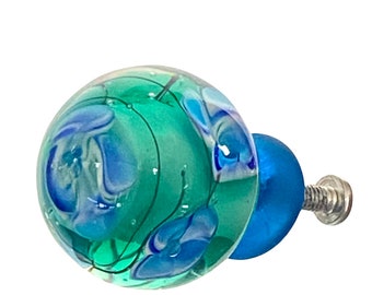 Knobs | Handcrafted Sea Foam Green and Blue Venetian Glass 2 Piece Floral Cabinet Knob | Drawer Pulls | Kitchen, Bath, Shutters, Furniture
