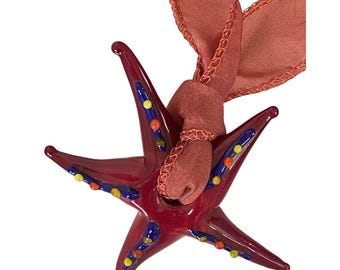 Handmade Venetian Glass Large Red Starfish - on Hand Dyed, Finished, Silk Ribbon