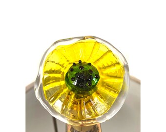 Finial - Venetian Glass Lamp Finial -Yellow, and Green Flower. Brass, Nickel, Bronze Hardware.