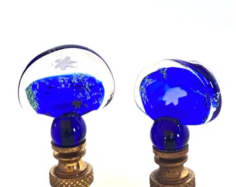 2 Finials-Venetian Glass Lamp Finial - Cobalt Blue, Planet Designs - Antique Brass Hardware- Lampwork Glass