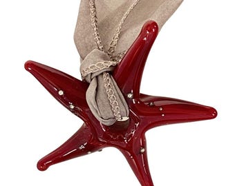 Handmade Venetian Glass Large Starfish Red Glass with Silver - on Hand Dyed Finished Silk Ribbon