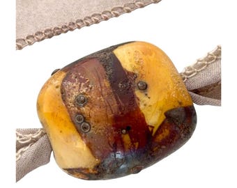 Handmade Venetian Glass Bead Pendant Necklace with Silver - on Hand Dyed Silk Ribbon