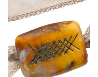 Handmade Venetian Glass Bead Pendant Necklace with Silver - on Hand Dyed Silk Ribbon