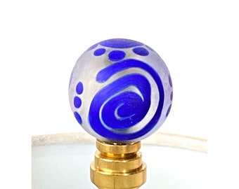 FINIALS- Handmade Venetian Glass Lamp Finial -Cobalt Blue Etched Glass Finial - Brass Hardware, Lampwork