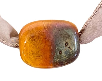 Handmade Venetian Glass Bead Pendant Necklace with Silver - on Hand Dyed Silk Ribbon - Desert Collection