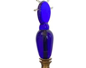 Handmade Venetian Glass Lamp Finial - Antique Brass Tall Cobalt Blue