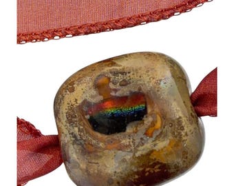 Handmade Venetian Glass Bead Pendant Necklace with Silver - Hand Dyed Silk Ribbon- Southwestern Collection