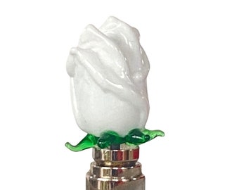 FINIALS- Handmade Venetian Glass Flower Lamp Finial - White, Green Flower Finial - Brass Hardware, Lampwork Glass