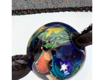 Handmade Venetian Glass Bead Pendant Necklace - Planet Collection - on a Hand Dyed Silk Ribbon
