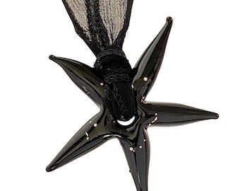 Handmade Venetian Glass Starfish Black Glass with Silver - on Hand Dyed Finished Silk Ribbon