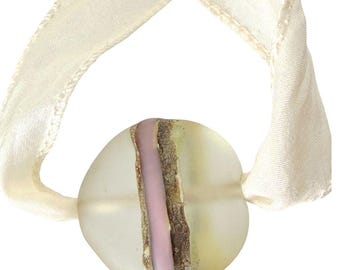 Venetian Glass Bead Pendant Necklace with Silver - Seaside Collection - on Hand Dyed Silk Ribbon