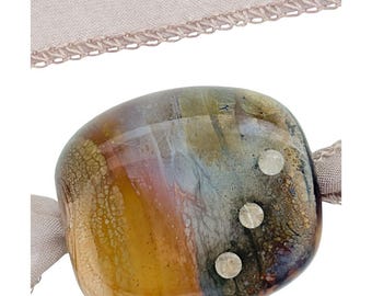 Handmade Venetian Glass Bead Pendant Necklace with Silver - Hand Dyed Silk Ribbon - Desert Collection