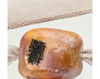 Handmade Venetian Glass Bead Pendant Necklace with Silver - on Hand Dyed Silk Ribbon