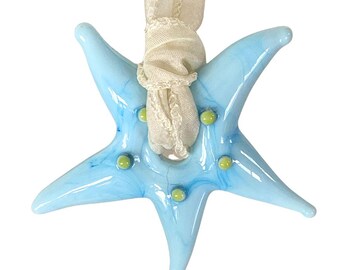 Handmade Venetian Glass Starfish  - Pretty Blue Glass - on Hand Dyed Finished Silk Ribbon