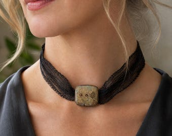 Handmade Venetian Glass Bead Pendant Necklace with Silver - on Hand Dyed Silk Ribbon