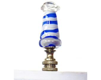 Handmade Venetian Glass Lighthouse Lamp Finial - White,Cobalt Blue,Crystal Clear, Brass Hardware Lampwork Glass - Hold Lampshades
