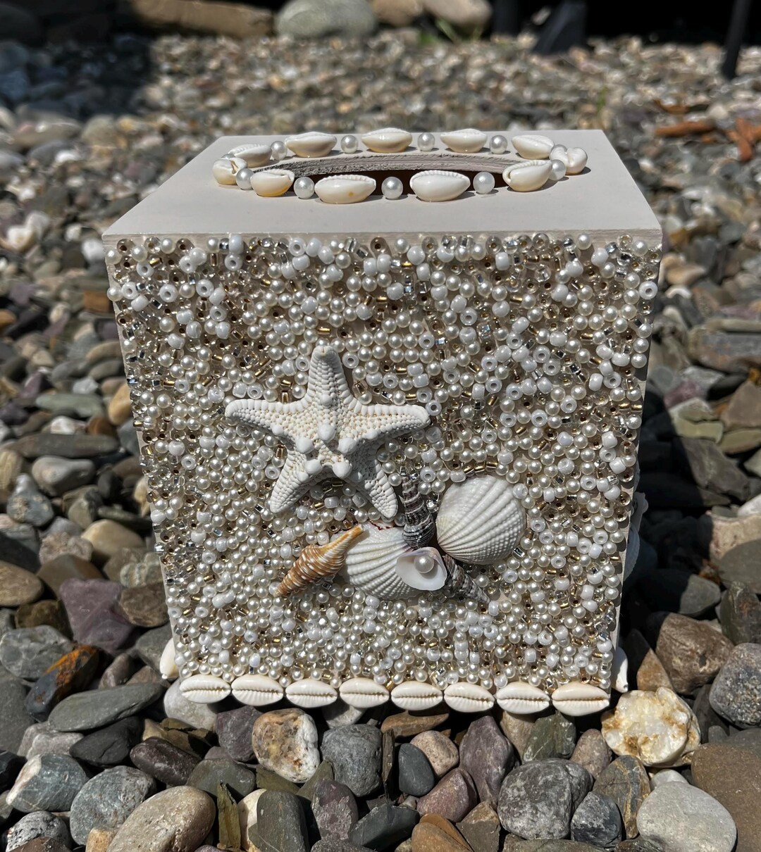 Handmade Seashell Tissue Box Cover cube, Shell Tissue Box Cover, Beach ...