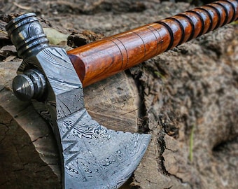 Handgemaakte damaststalen tomahawk-bijl: palissander handvat, kampeerbijl