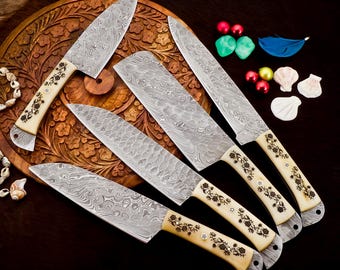 Handmade Damascus Steel Chef Knife Set: Elegant Kitchen Knives, Leather Sheath