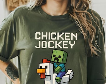 Chicken Jockey Hilarious Cotton T shirt, Gamer Gift Shirt, MineC Movie Shirt, Cartoon Graphic Shirt, Quirky Shirt for Chicken Lovers