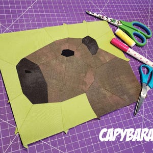 May include: A geometric capybara design on a green background. The capybara is brown and black, with a black nose and eye. The word "CAPYBARA" is written in white. Sewing supplies, including scissors and thread, are visible.