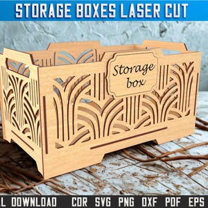 May include: A laser cut wooden storage box with a geometric pattern. The box is 3mm thick and has a label that says "Storage box".