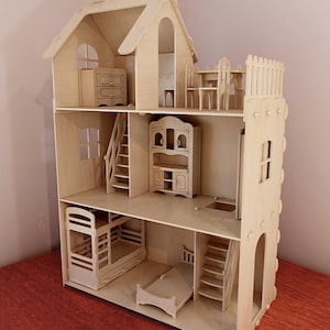 Grande casa delle bambole in compensato + Pacchetto mobili per bambole. Modello vettoriale per router CNC e taglio laser. Casa delle bambole di dimensioni Barbie. Kit per casa delle bambole.