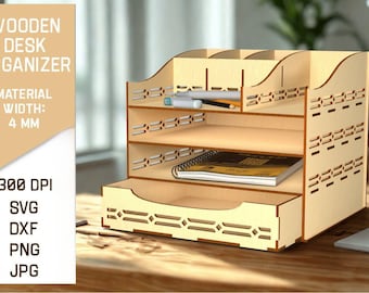 Organizador de escritorio de madera cortado a láser. Caja de almacenamiento SVG.
