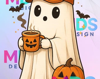 Kawaii Coffee Ghost PNG | Halloween Clipart, Pumpkin Mug (Digital Download)