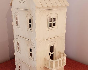 May include: A wooden dollhouse with a white painted finish. The dollhouse has three floors, each with windows and a balcony on the second floor. The roof is a shingled design.