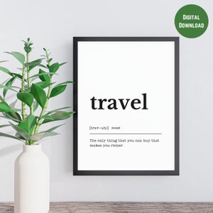May include: A black framed print featuring the word "travel" in a large, black font. The print includes the pronunciation of the word and a quote: "The only thing that you can buy that makes you richer." A green "DIGITAL DOWNLOAD" sticker is visible.