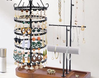 Rotating Jewelry Organizer Stand: Rustic Wood & Metal, 220 Earring Capacity