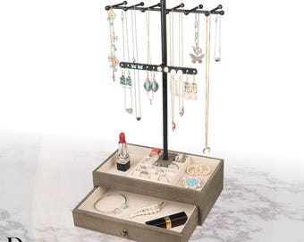 Rustic Wooden Jewelry Organizer Stand: Necklace & Bracelet Holder