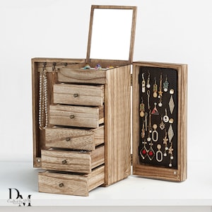 Handmade Wooden Jewelry Box with Mirror & Drawer | Large Jewelry Organizer for Earrings, Rings, Necklaces, Bracelets | Birthday Gift for Her