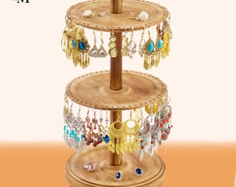 Handmade Rotating Jewelry Organizer | Rustic Wooden Jewelry Stand for Women | Elegant Wooden Earrings Display Stand | Unique Gifts for Her