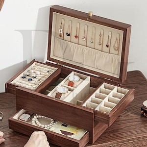 Custom Wooden Jewelry Box for Women With 3 Drawer Jewelry Organizer For Necklace Ring Earring Jewelry Storage Case Keepsake Box Gift for Her