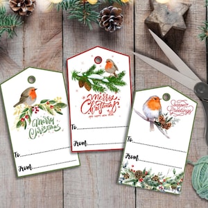 Kerstcadeaulabels met prachtige kleine roodborstjes. Bijzondere en unieke ontwerpen. Feestelijke groeten. Afdrukbaar cadeaulabel. Roodborstjes.