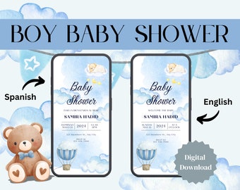 Könnte beinhalten: Digitale Einladung zu einer Babyparty in blau-weißer Farbgebung. Die Einladung zeigt einen niedlichen Teddybär, einen Heißluftballon und Wolken. Der Text auf der Einladung lautet "Baby Shower" und "Willkommen dem Baby Samira Hadid".